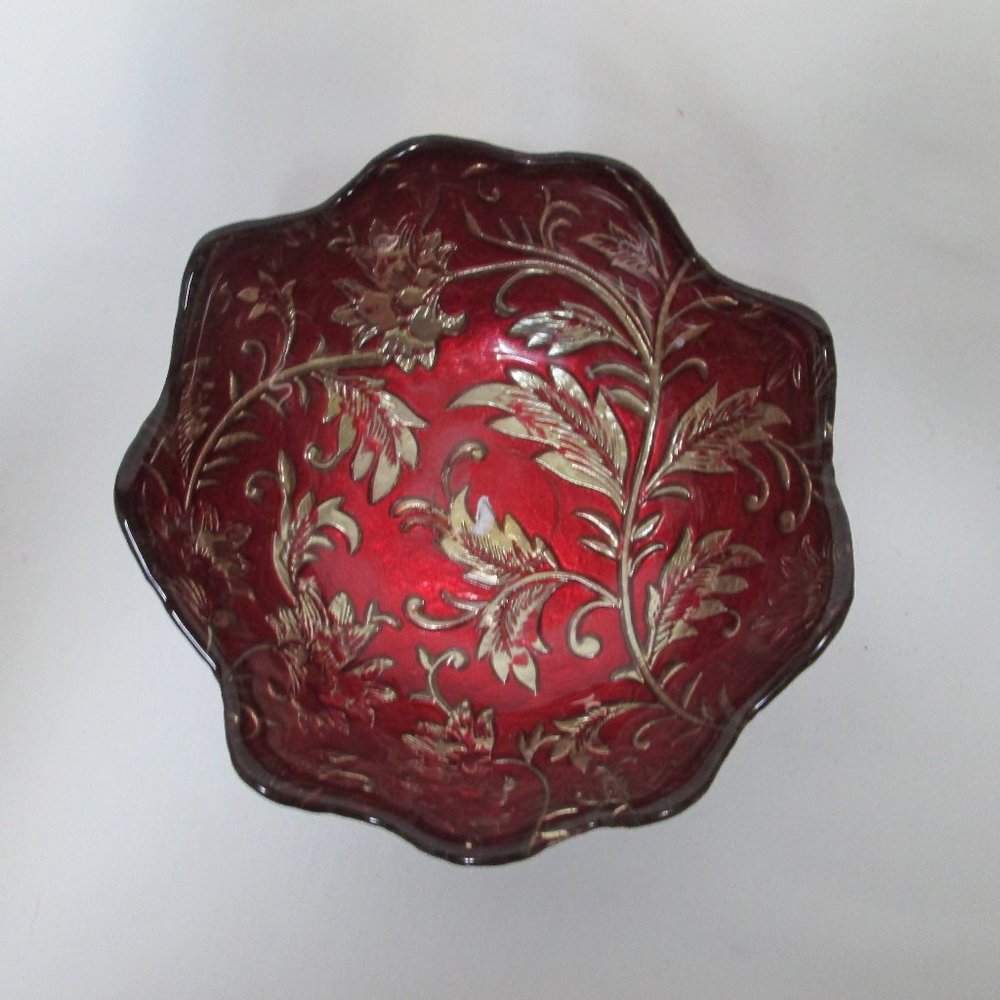 Damask Red & Gold scalloped glass bowl Christmas Occasion